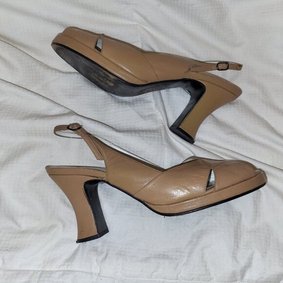 Vintage Charles David 1940s Inspired Beige Pinup Peep-toe Sling Platform Heels 8 - Picture 4 of 8